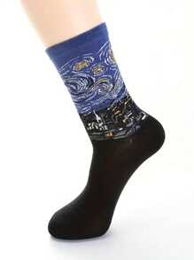 4 Pairs Unisex Autumn/Winter World Famous Painting Design Socks, Heart Printed Mid-Calf Socks, Fall - A - View 8