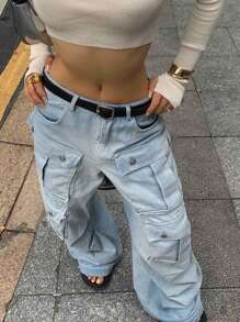 Y2K Streetwear Multi-Pocket Cotton Straight Leg Heavy Industry Cargo Jeans Loose Wide-Leg Denim Pants Music Festival