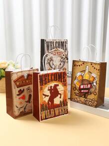 4 件装狂野西部牛仔主题派对礼品牛皮纸袋（带手柄）、狂野西部生日派对礼品包装袋、感谢纸袋、狂野西部派对桌面装饰用品、牛皮纸包装袋、便携式手提零售购物袋、狂野西部生日派对礼品、DIY 礼品包装 - 西部牛仔 - 查看 2