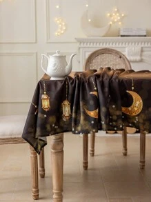 قطعة واحدة من مفرش الطاولة المستطيل الأسود، جميل بنقش القمر والنجوم الذهبية، ديكور للطاولة، قابل للغسيل بالماكينة، مناسب للحفلات والمناسبات والاحتفالات العطلات والهدايا - متعدد الألوان - مشاهدة 1