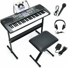 61-Key Electronic Keyboard Piano Starter Set W/Stand Bench Headphones - Black and White - View 1