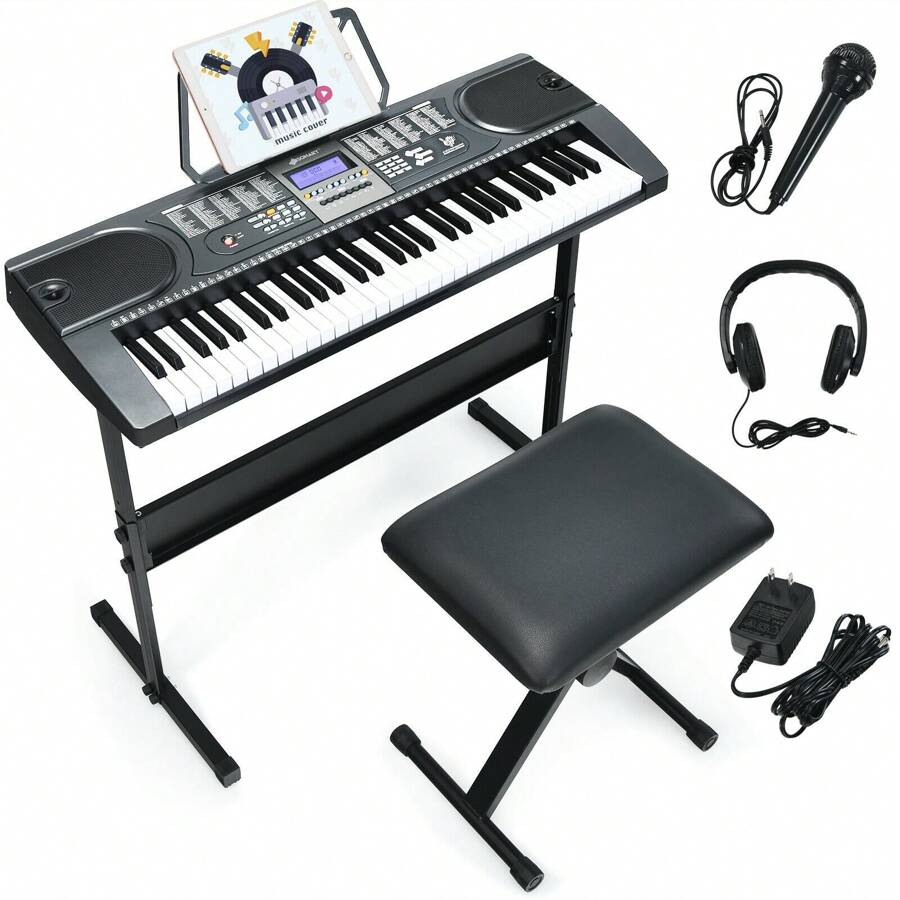 61-Key Electronic Keyboard Piano Starter Set W/Stand Bench Headphones - Black and White - View 1