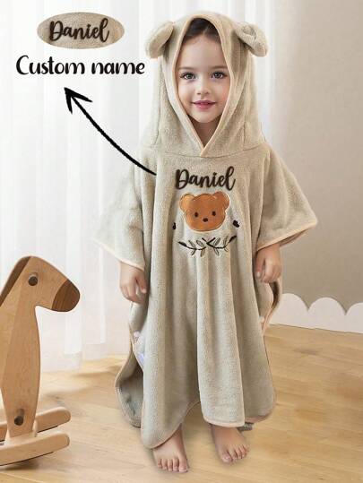 1pc Customized Embroidered Toddler Name Hooded Cloak Towel | Soft Warm Hooded Bathrobe | Cartoon Animal Design Cloak | Baby Blanket | Suitable For All Seasons | Baby Gift | Embroidered Blanket With Name | Customized Minky Blanket | Soft Absorbent Baby Christening Family Decor Gift, Winter Eve Gift, Back To School Winter Gift, Creative Boys Girls