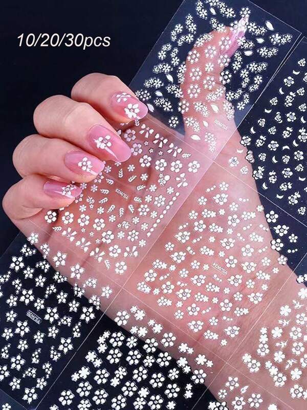 10pcs White Flower Nail Art Stickers, 3D Floral Self-Adhesive Nail Stickers Design, Holographic Small Flowery Vine Nail Stickers, Suitable For Women & Girls Nail Art Decorations DIY Floral Nail Stickers