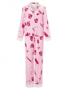 Women's 2 Piece Lounge Set Long Sleeve Lapel Goblet Print Shirt Pants Sleepwear Sets - 粉色 - 查看 1