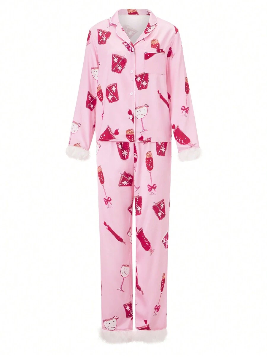 Women's 2 Piece Lounge Set Long Sleeve Lapel Goblet Print Shirt Pants Sleepwear Sets - 粉色 - 查看 1