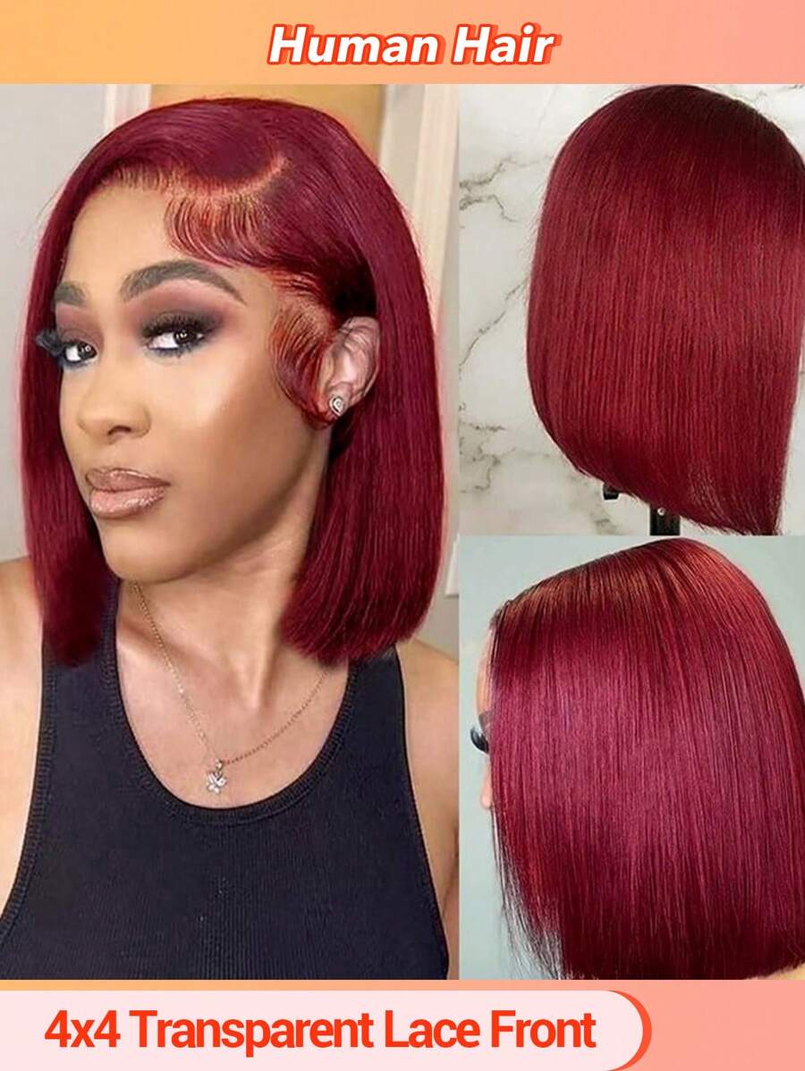 99J Burgundy Lace Closure Bob Wigs Human Hair Pre Plucked 8-16 Inch Red Bob Wig Human Hair 4x4 Frontal Lace Wig Human Hair Wigs For Women Human Hair Wine Red Color Halloween Costumes