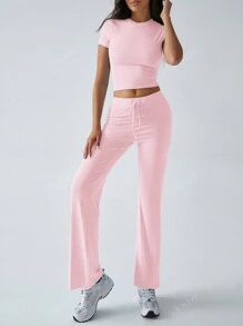 Conjunto de dos piezas de ropa deportiva casual diaria de unicolor de manga corta y cuello redondo, pantalones rectos delgados y largos para mujer en otoño Y2K