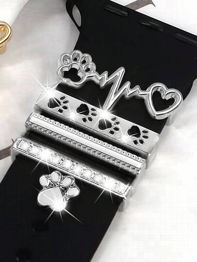 5pcs Metal Charms Decorative Ring Band Charms Pet Paws Dog Cat Puppy Diamond Rhinestone Ornament Smart Watch Silicone Strap Accessories Bracelet Fashionable Accessories (Watch And Band Not Included), Compatible With Apple Watch Series Ultra/Se/11/10/9/8/7/6/5/4/3/2/1 Compatible With Samsung Galaxy Watch 7 Band/FE 6 5 4 40mm 44mm,Galaxy Active 2 Compatible With Huawei Honor
