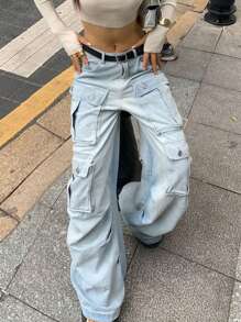 Y2K Streetwear Multi-Pocket Cotton Straight Leg Heavy Industry Cargo Jeans Loose Wide-Leg Denim Pants Music Festival