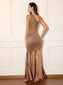 European Summer Women Solid Color Elegant Asymmetrical Neck Patchwork Midi Dress, Waist Splice Casual Business Vacation Outfits - Coffee Brown - View 2