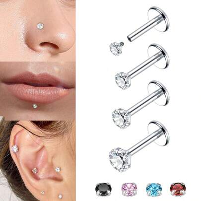 G23 Titanium Hypoallergenic Flat Back Nose Ring Studs Inlaid CZ Nose Nails 16G Internally Threaded Labret Medusa Lip Studs For Tragus Cartilage Piercing Jewelry Internally Threaded Nose Rings Studs Red Pink Blue Black 2mm 3mm 4mm 5mm Piercing Jewelry Decoration For Women