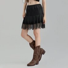Women Y2K Black White Lace Mini Skirt Low Rise Half Slip Underskirt Ruffle Pleated Layered Flowy Short Skirts - 黑色 - 查看 5