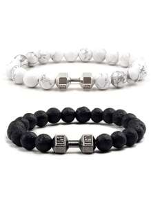 2pcs Minimalist Couple Bracelets Set, Natural Black Volcanic Lava Stone & Matte White Turquoise Dumbbell Beaded Bracelet, Unisex Fitness Weight Bar Beaded Bracelet, Elegant Gift For Family, Friends, Girlfriend/Boyfriend - Multicolor - View 2