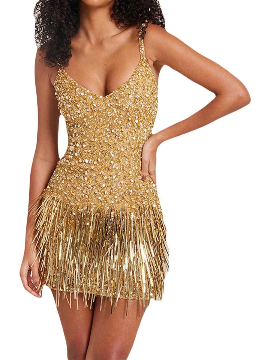 Women Sparkle Sequin Mini Dress Spaghetti Strap Backless Glitter Dress Low Cut Slim Fit Bodycon Dress Disco Party Clubwear - Gold - View 1