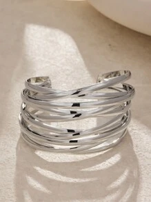 1 件夸张高端朋克时尚个性化百搭粗珠宝镂空线金属袖口手链，适合女士，适合日常通勤、派对、社交聚会、派对、酒吧、音乐节、送给家人和朋友的礼物 - 波浪寬面 - 查看 5