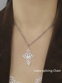 1入組蓮花吊墜項鍊,不銹鋼首飾類 - 銀色 - 查看 5