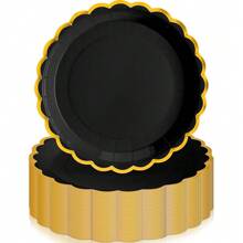 10 pièces Assiettes en papier noires et dorées à bord doré. Assiettes jetables décoratives à bords festonnés. Assiettes à gâteaux et desserts en papier pour anniversaire, mariage, enterrement de vie de jeune fille, retraite, anniversaire. Fournitures de fête - beaucoup - Voir 7
