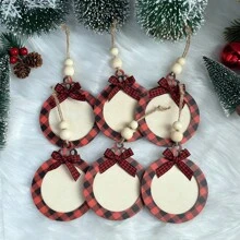 VICKYO 24 peças/conjunto enfeites de fatia de madeira de Natal, laços xadrez de búfalo vermelho enfeite de bola de Natal, enfeites de Natal de madeira em branco faça você mesmo para pintar, para decorações de meias de árvore de Natal