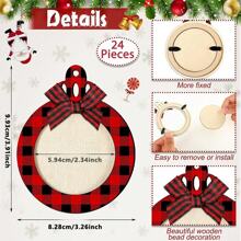 VICKYO 24 peças/conjunto enfeites de fatia de madeira de Natal, laços xadrez de búfalo vermelho enfeite de bola de Natal, enfeites de Natal de madeira em branco faça você mesmo para pintar, para decorações de meias de árvore de Natal