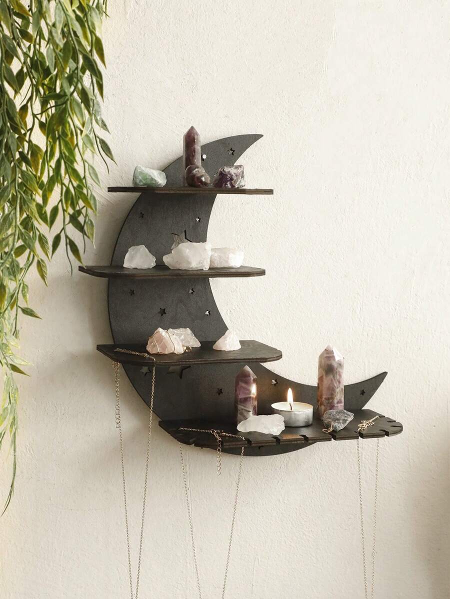 1件装木质新月星镂空置物架 - 罗摩罗摩节装饰，壁挂式展示架，适合罗摩节装饰，非常适合展示水晶、精油和小物件 - 11.81 x 8.85 英寸，家居装饰，房间装饰，墙面装饰，生日、毕业、开斋节礼物