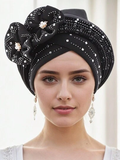 New European & American Style Multilayer Rhinestone Flower Bonnet With Strap, African Gele Head Wrap Hair Sleep Cap