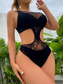 1PC Sexy Lingerie Fishnet Cut Out Waist Sexy Bodysuit - Black - View 1