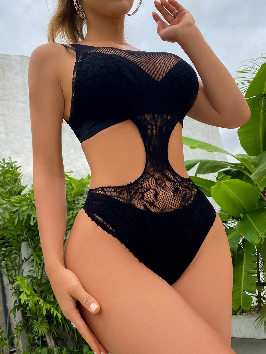 1PC Sexy Lingerie Fishnet Cut Out Waist Sexy Bodysuit - Black - View 1