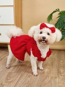 Pet Clothes With Hair Clip, Recommended To Choose One Size Up, Suitable For Small Dogs, Red Corduroy Dress With Bowknot