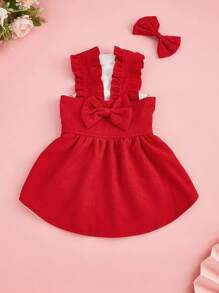 Pet Clothes With Hair Clip, Recommended To Choose One Size Up, Suitable For Small Dogs, Red Corduroy Dress With Bowknot