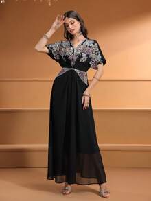 女式 V 领刺绣优雅高腰全长阿拉伯连衣裙