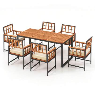 Homasis 7PCS Dining Set Outdoor Acacia Wood Table W/ Soft Cushions Umbrella Hole Patio