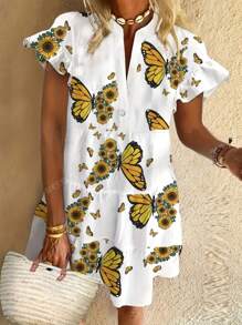 Vestido casual de mujer de talla grande con volantes en el dobladillo y estampado floral, tela tejida de 120g