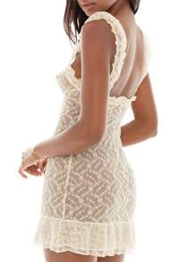 Women Lace Dresses V Neck Sleeveless Floral Solid Color See Through Casual Party Spring Summer Sling Dress - Beige - View 4