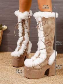 2025秋冬季女士过膝Y2K朋克风棕色毛绒靴，厚底高跟女靴