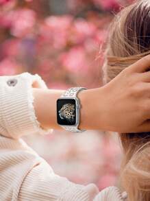 Unbeinst 1pc Leopard Print Carved Soft Silicone Watch Band Compatible With Watch Ultra Series 10 9 8 7 SE 6 5 4 3 2 1 - Starlight - View 3