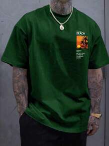 MURAMASA Hombres Camiseta con estampado de árbol de coco y slogan - Verde - Ver 1