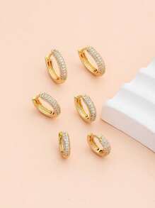 3對方晶鋯石裝飾圓耳環 - 金黃色 - 查看 2