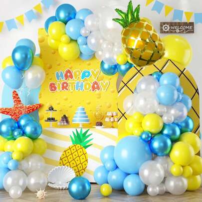 117 قطعة ديكورات حفلة إسفنجية كرتونية، طقم إكليل بالونات بموضوع إسفنجي، بالونات صفراء وزرقاء وشفافة لقوس البالونات لحفلة عيد ميلاد إسفنج بوب، لوازم حفلة