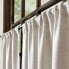 1pc Faux Linen Kitchen Short Curtain, Semi-Sheer Privacy Protecting Petite Window Drape, Linen Texture Pattern, Minimalist Bedroom Curtain - Beige - View 6