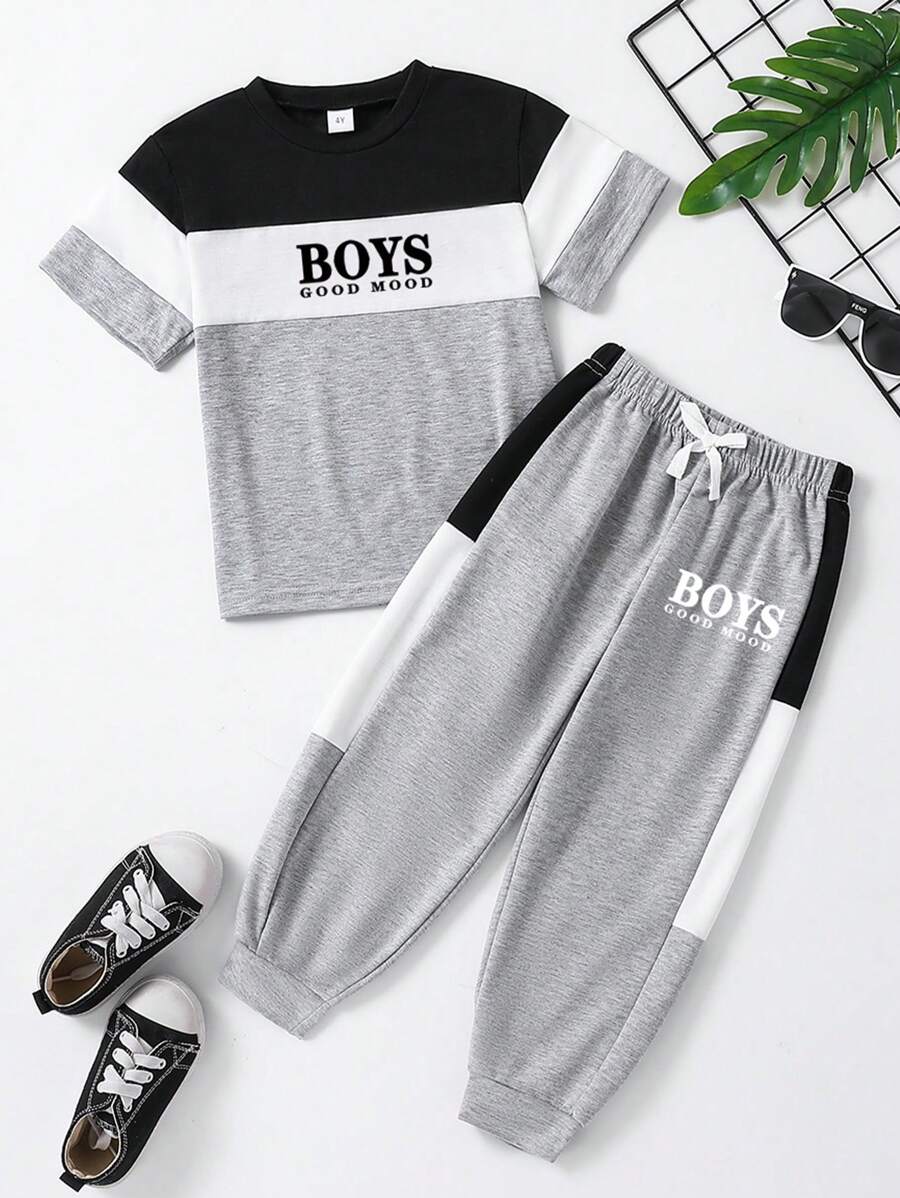 年轻男孩字母印花短袖 T 恤和长裤休闲装 - 灰色 - 查看 1