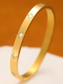 时尚奢华优雅四叶草锆石不锈钢手链和手镯套装，适合女士，适合多种场合搭配和赠送朋友 - 金黃色 - 查看 3