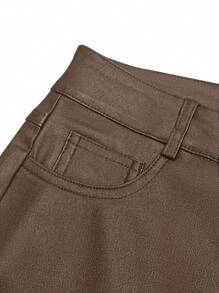 女士高腰亮面PU皮革阔腿裤，哑光涂层，时尚百搭，适合派对、通勤、音乐节、度假等场合，休闲直筒裤，春夏服装，畅销款，Y2K风格，适合派对、通勤、假日、节日、户外活动等场合，春夏穿着，适合高个女性，搭配单品，黑色，长裤 - 卡其色 - 查看 11