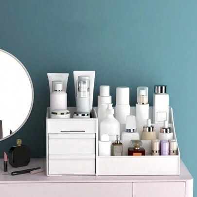 白色抽屉式化妆品收纳盒，桌面收纳盒，可收纳化妆品、护肤品、口红、笔、刷子、指甲油、香水等，适用于电脑桌、梳妆台、浴室置物架、房间装饰