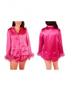 Women's Satin Outfits Solid Color Lapel Long Sleeve Tops With Feather Cuffs + Shorts Set Fashion Clothes