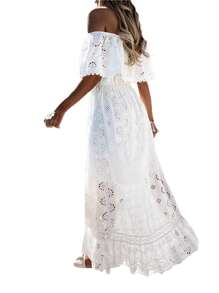 Women's Boho Maxi Dress Lace Tassel V-Neck Flare Ruffle Fringed Beach Summer Dresses Elegent Off Shoulder Beach Dress - 白色 - 查看 8
