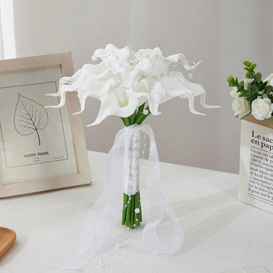 1pc White Simulated Horseshoe Lily Bride Holding Flowers, Proposal Bouquet, Wedding Certificate Bouquet Props, Suitable For Wedding Use Valentine's Day Accessories
