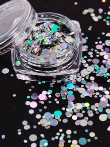 1 hộp nghệ thuật làm móng tay kim sa tròn trang trí chấm bi thiết kế vảy kim tuyến ba chiều tự làm phụ kiện trang trí móng tay đá quý làm móng - Bạc - Xem 2