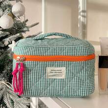 Green Classic Plaid Makeup Bag, Soft Fabric Zipper Pouch, Simple Plaid Pattern Travel & Daily Use Organizer Bag For Women Travel Essentials Vacation Summer Holiday Back To School School Stuff Bag For School Travel Bag For Women Makeup Bag For Travel