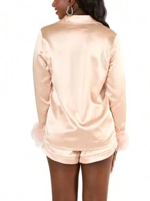 Women's Satin Outfits Solid Color Lapel Long Sleeve Tops With Feather Cuffs + Shorts Set Fashion Clothes - 香檳色 - 查看 4